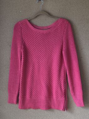 Calvin Klein Pink Textured Knit Sweater M Side Hem Zipper, Cozy Ribbed Pullover